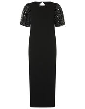 Brianna Sequin Sleeve Jersey Midi Dress, Black (BLACK), large