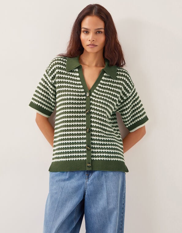 Cally Stripe Collar Jumper, Green (KHAKI), large