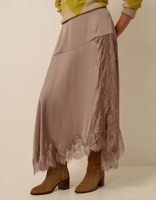 Shelby Satin Lace Maxi Skirt, Mink (MINK), large