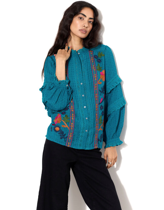 East Embroidered Ruffle Sleeve Blouse, Green (GREEN), large