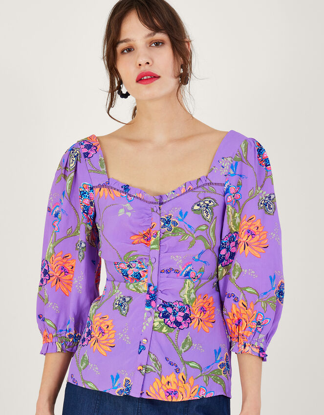 Regina Print Puff Sleeve Top Purple | Tops & T-shirts | Monsoon UK.