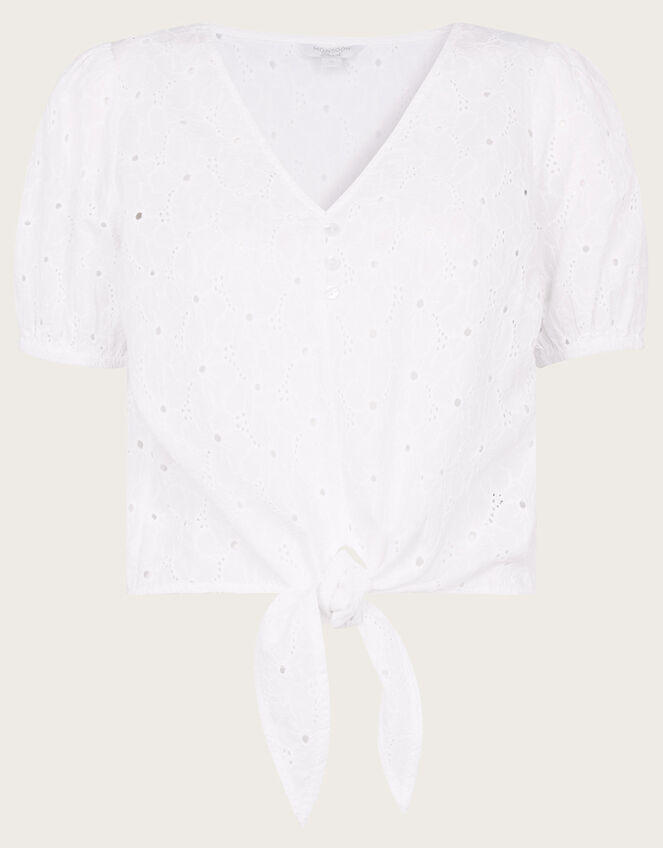 Schiffli Tie Detail Top in Sustainable Cotton, White (WHITE), large