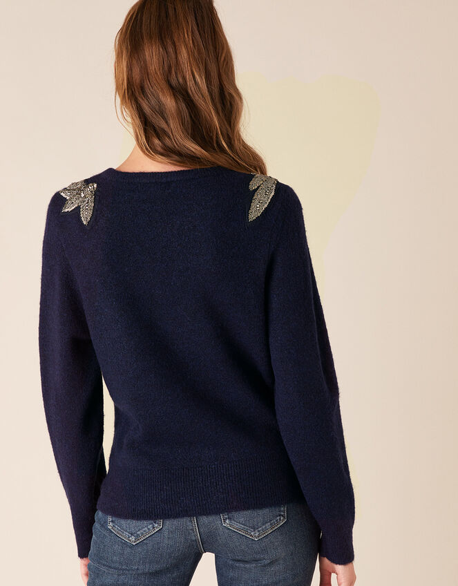 Beaded Shoulder Knit Jumper, Blue (NAVY), large