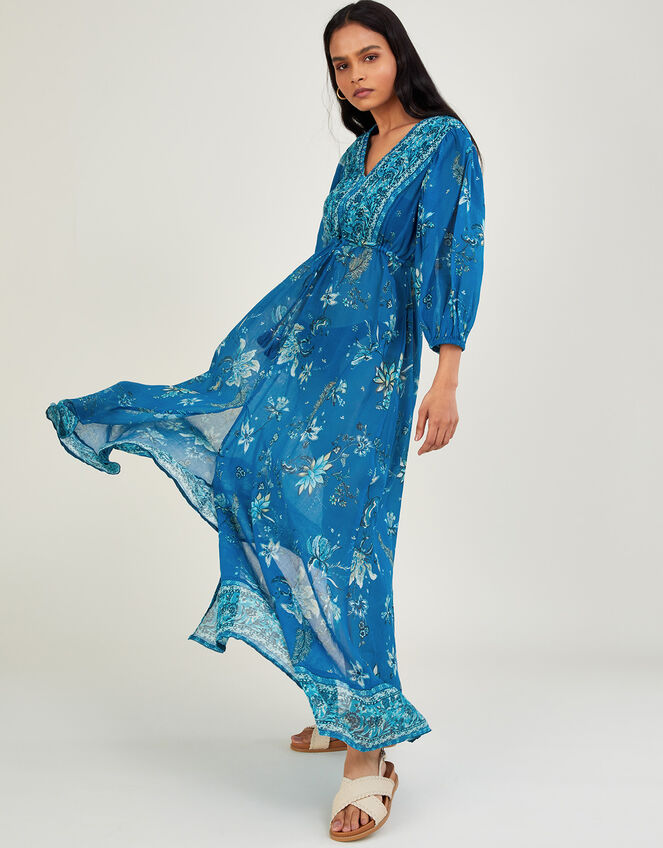 Floral Print Border Maxi Dress in Sustainable Cotton Blue