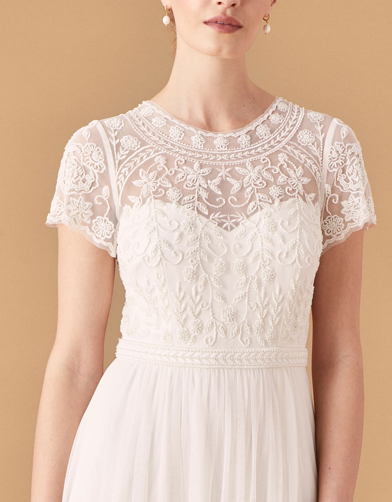 Olive Floral Embellished Tulle Bridal Dress Ivory