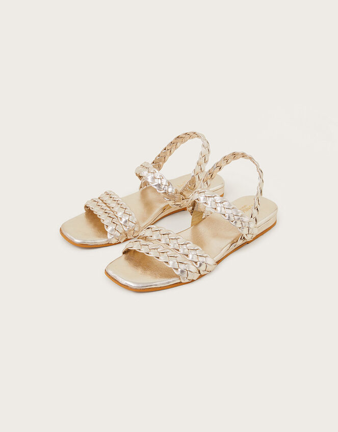Braided Leather Wedge Sandals, Gold (GOLD), large