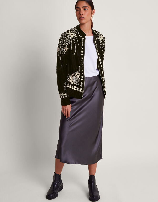 Hadley Embroidered Velvet Bomber Jacket, Black (BLACK), large
