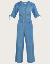 Denim Dolly Crop Jumpsuit in Sustainable Cotton, Blue (BLUE), large