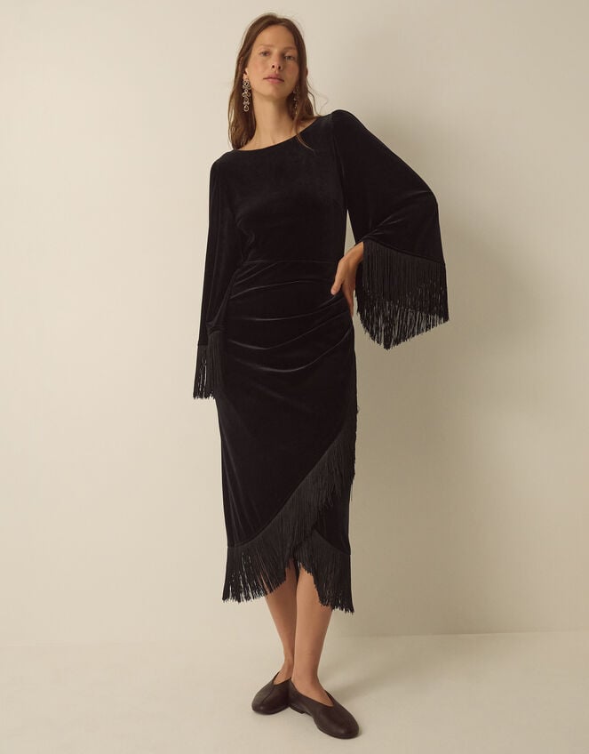 Tara Long Sleeve Fringe Velvet Midi Dress, Black (BLACK), large