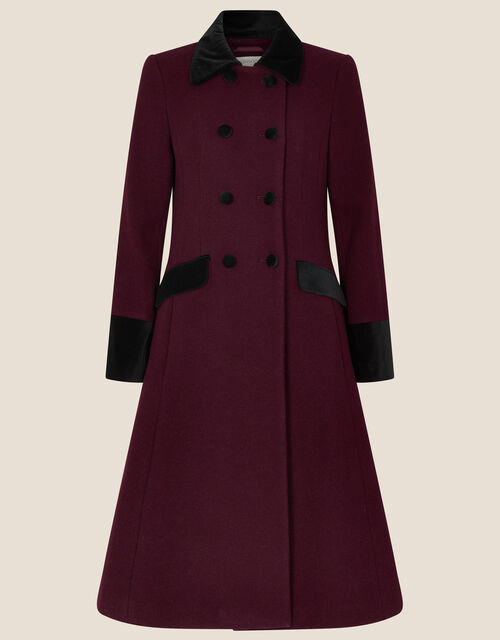 Velvet Trim Skirted Coat, Red (BERRY), large