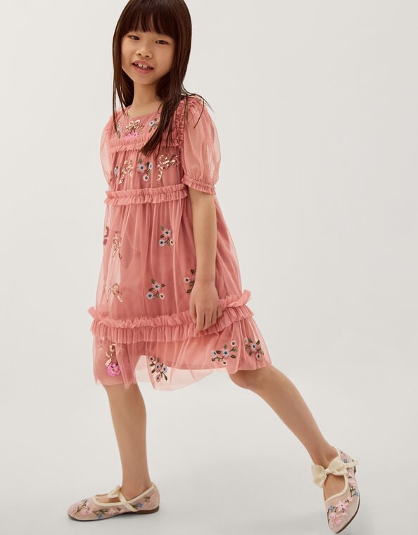 Mon Cheri Floral Embroidered Mesh Dress, Pink (PINK), large