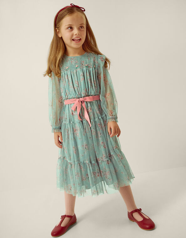 Ditsy Floral Print Belted Dress, Green (GREEN), large