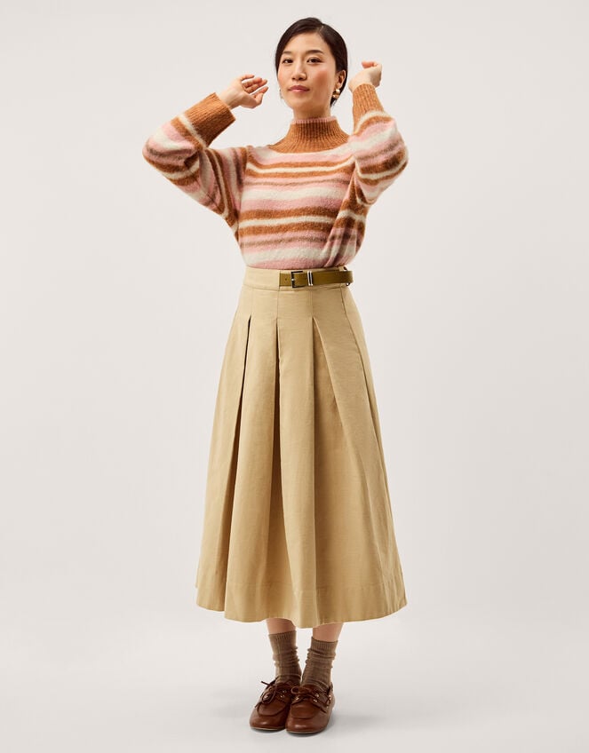 Poppy Buckle Pleated Midi Skirt, Natural (STONE), large