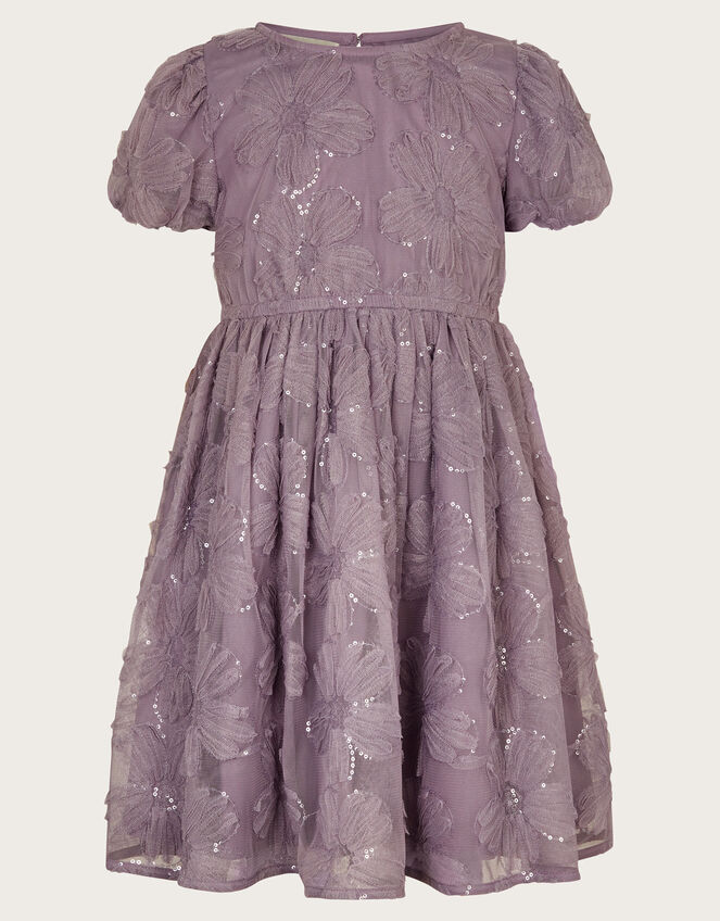 Textured Short Sleeve Sequin Flower Dress, Purple (LILAC), large