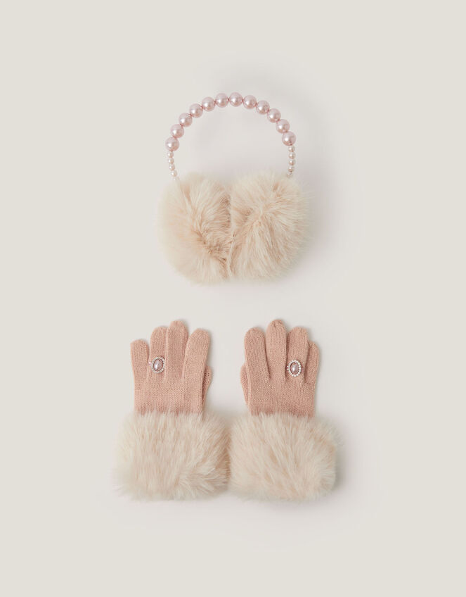Pearly Faux Fur Earmuffs & Gloves Set, Pink (PINK), large