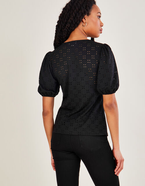 Broderie Jersey Gathered Top, Black (BLACK), large