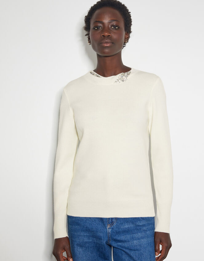 Eva Embellished Neck Jumper, Ivory (IVORY), large