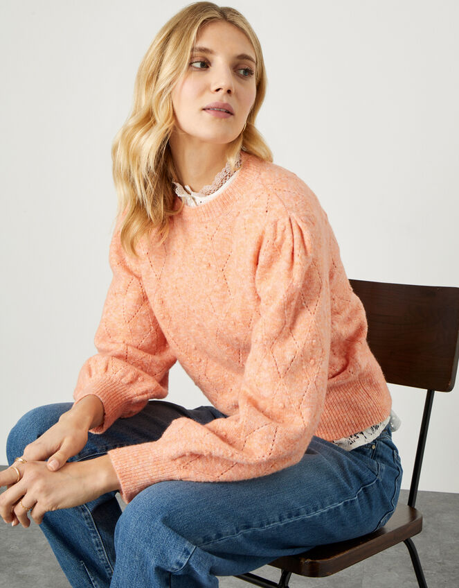 Pippa Pointelle Scallop Neck Jumper, Orange (PEACH), large