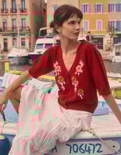 Ellen Short Sleeve Floral Embroidered Cardigan, Red (RED), large