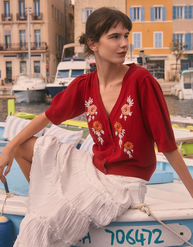 Ellen Short Sleeve Floral Embroidered Cardigan, Red (RED), large