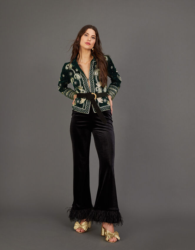 Raegan Velvet Feather Trousers, Black (BLACK), large