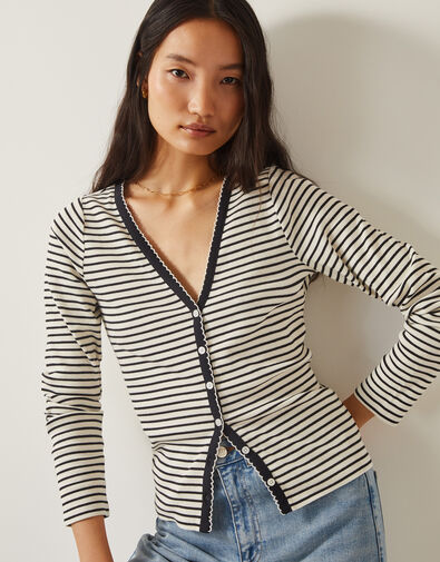 Sil Stripe Jersey Cardigan, Ivory (IVORY), large