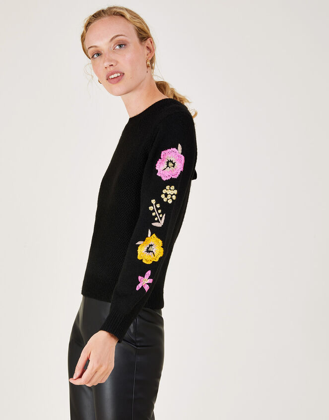 Embroidered Flower Sleeve Jumper with Recycled Polyester, Black (BLACK), large
