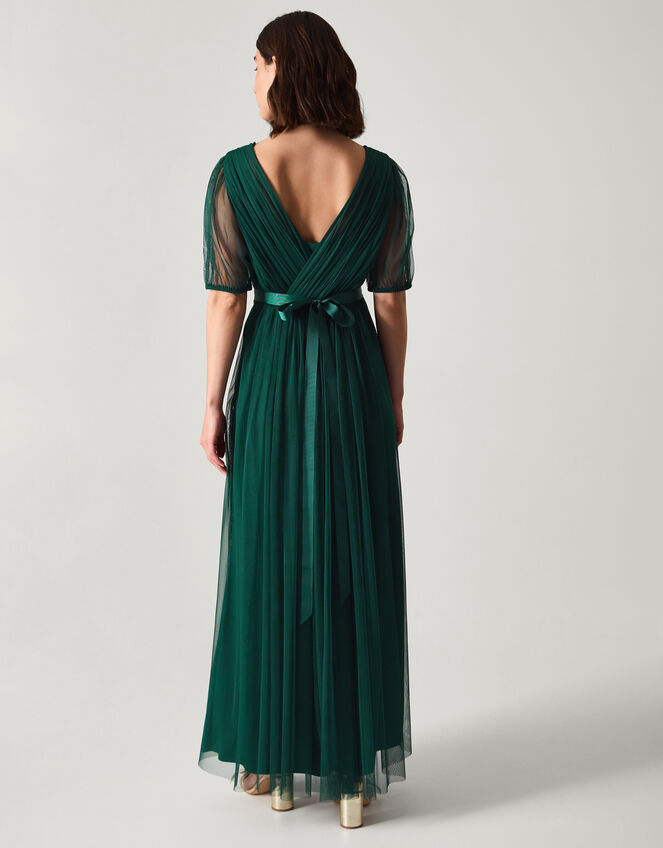 Ellie Sheer Sleeve Plunge Tulle Maxi Dress Green