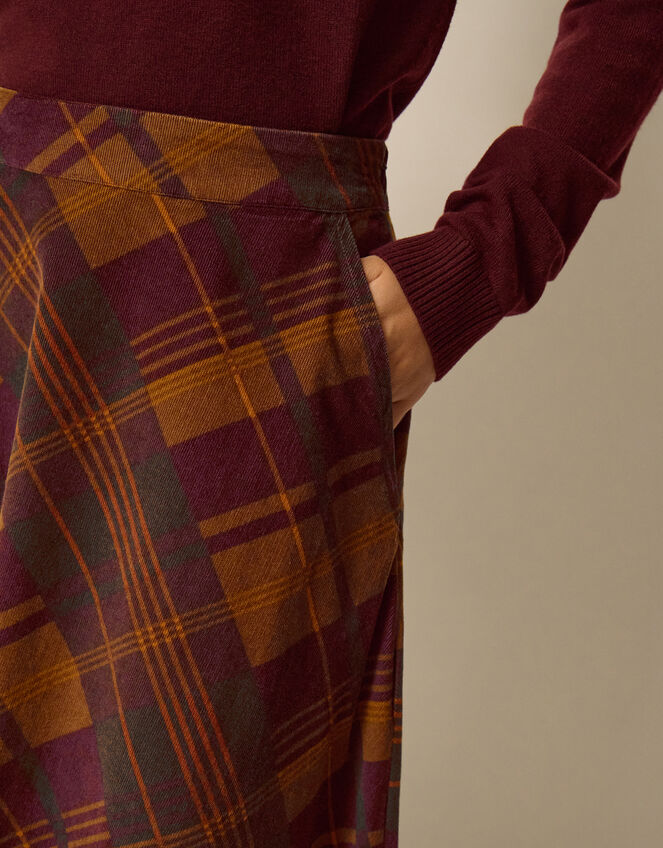 Melinda Check Print Corduroy Midi Skirt, Brown (BROWN), large