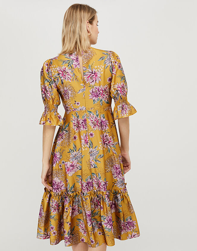 Floral Print Satin Midi Dress, Yellow (YELLOW), large