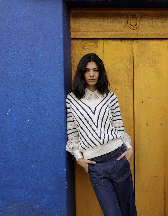 Chevron Textured Stripe Jumper in Sustainable Cotton, Blue (NAVY), large