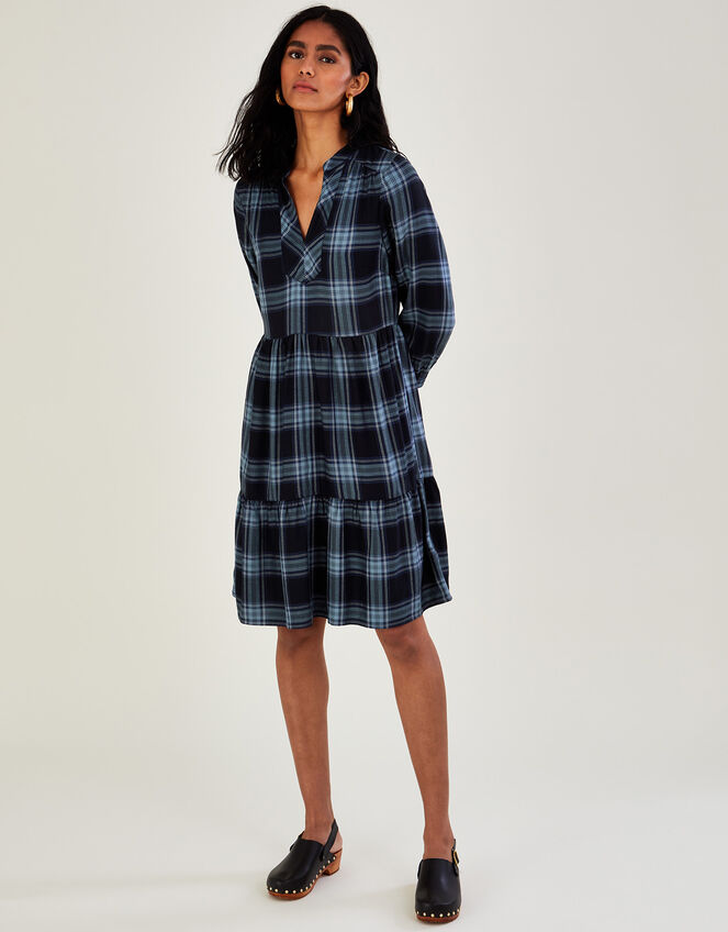 Check Short Smock Dress in LENZING™ ECOVERO™, Blue (NAVY), large