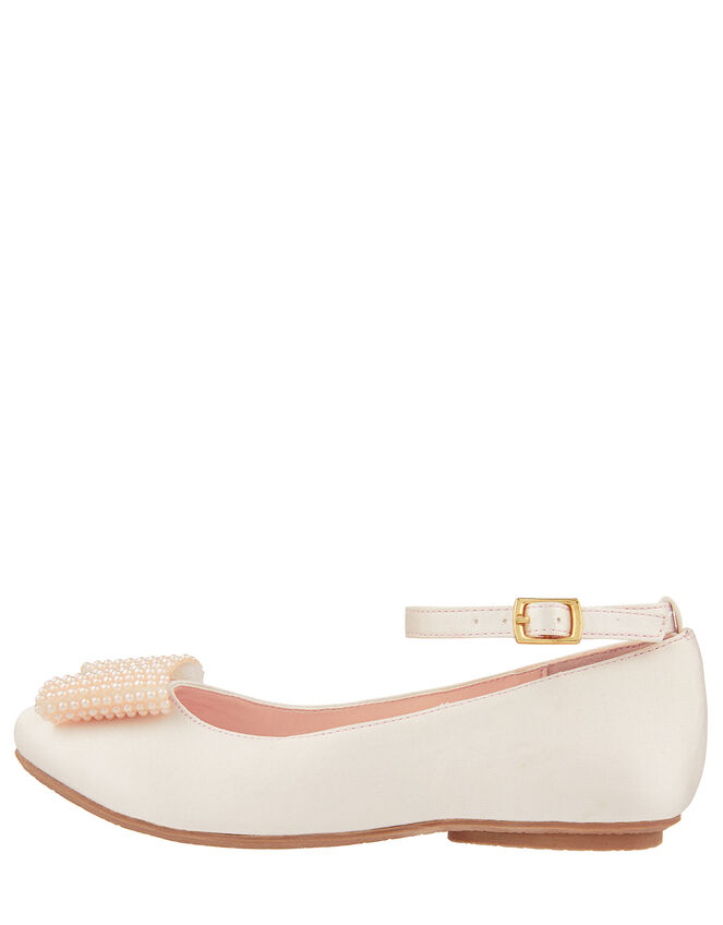 Blush Pearl Bow Satin Ballerina Shoes, Natural (CHAMPAGNE), large