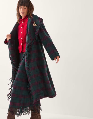 Monsoon x Sarah Corbett-Winder Tartan Fringe Coat, Teal (TEAL), large
