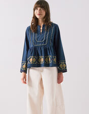 East Katie Embroidered Peplum Blouse, Teal (TEAL), large