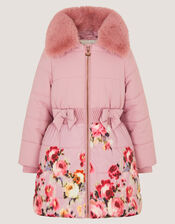 Blurred Floral Print Puffer Coat, Pink (PINK), large