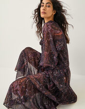 Marianna Paisley Print Tiered Midi Dress, Purple (PURPLE), large