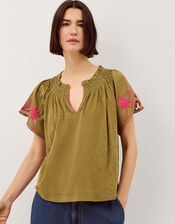 Fiona Embroidered Cotton Top, Green (KHAKI), large