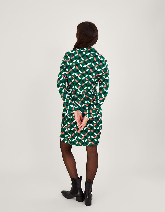 Geometric Print Wrap Tie Side Jersey Dress, Green (GREEN), large