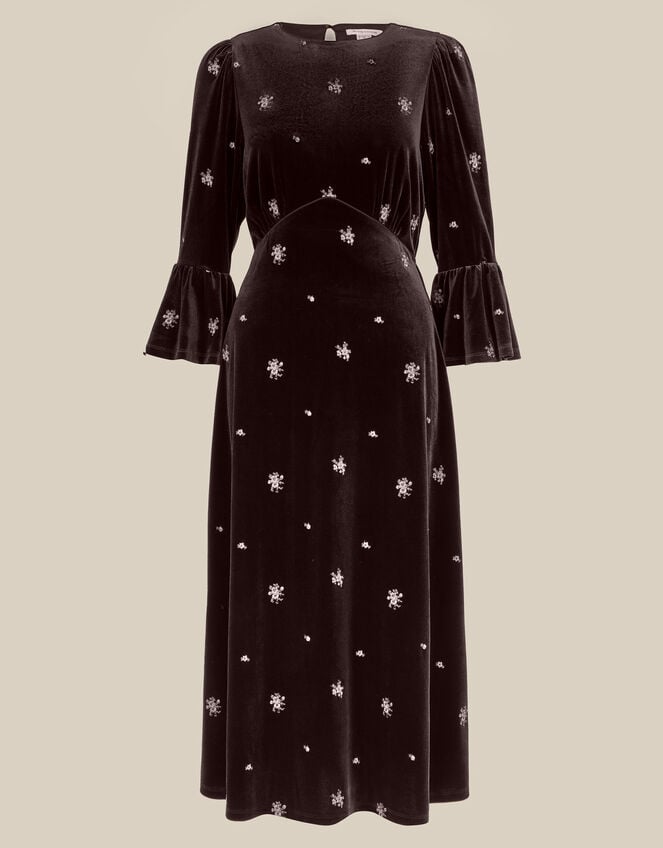 Emilee Floral Embroidered Velvet Midi Dress, Brown (CHOCOLATE), large