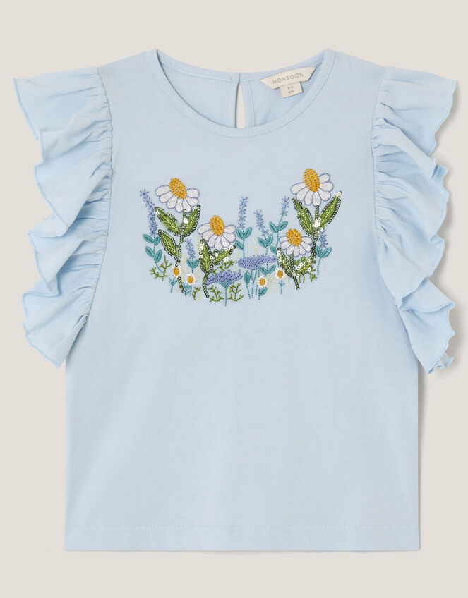 Floral Embroidered Frill T-Shirt, Blue (BLUE), large