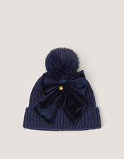 Velvet Bow Beanie Hat, Blue (NAVY), large