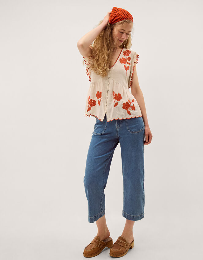 Rhea Embroidered Linen Blend Top, Natural (NATURAL), large