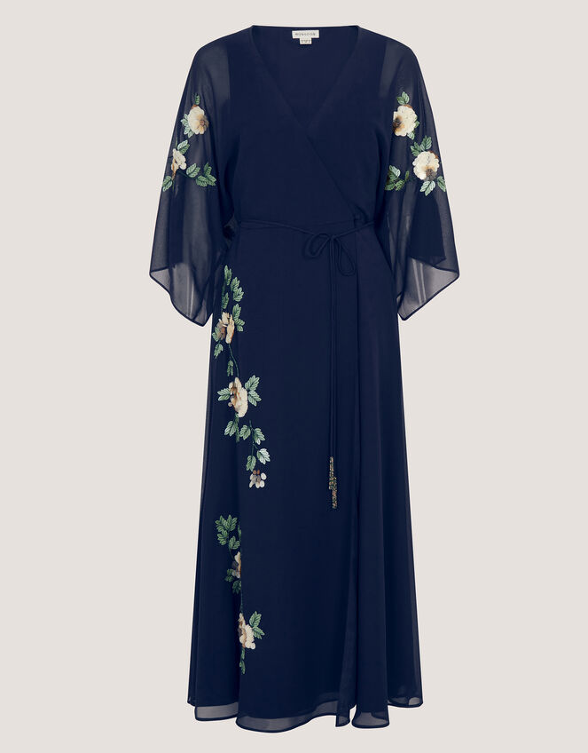 Clara Floral Embellished Midi Wrap Dress, Blue (NAVY), large