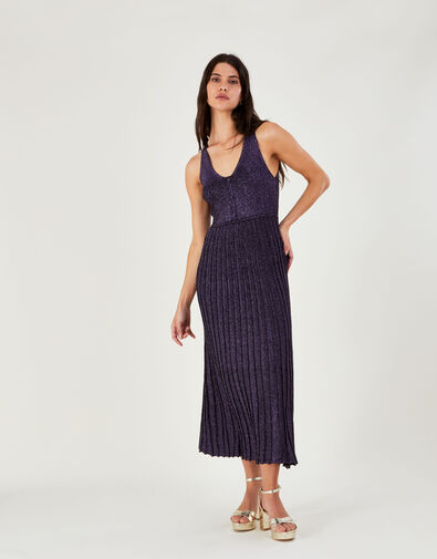 Metallic Midi Halter Neck Dress with Recycled Polyester, Purple (PURPLE), large