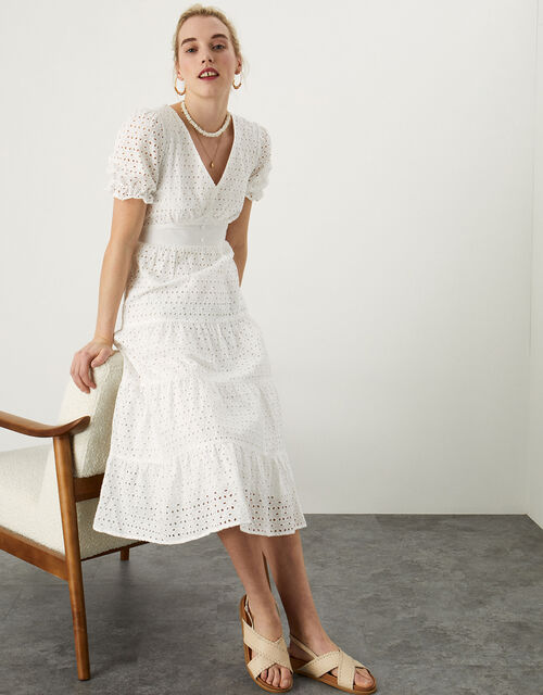 Broderie Midi Dress in Sustainable Cotton, White (WHITE), large