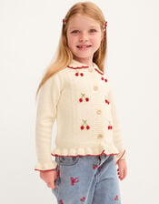 Cherry Embroidered Cable Knit Cardigan, Ivory (IVORY), large