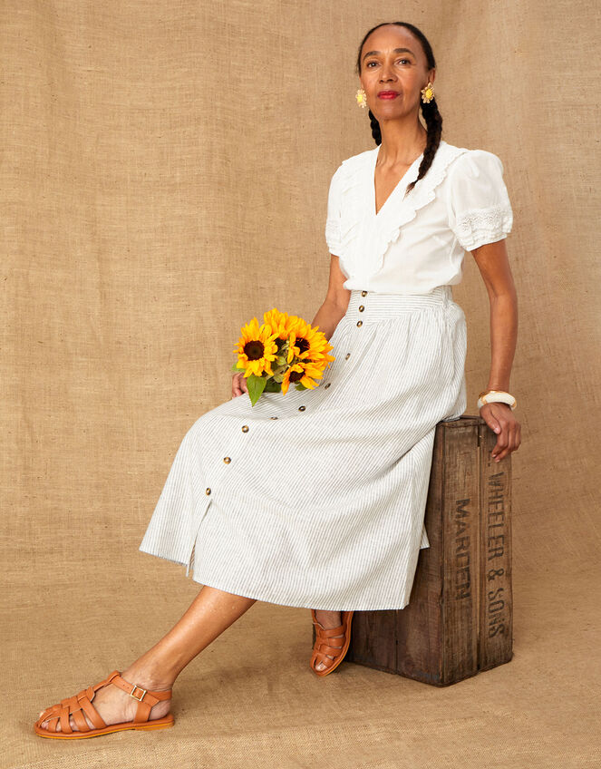 Fine Stripe Button Through Skirt, Ivory (IVORY), large