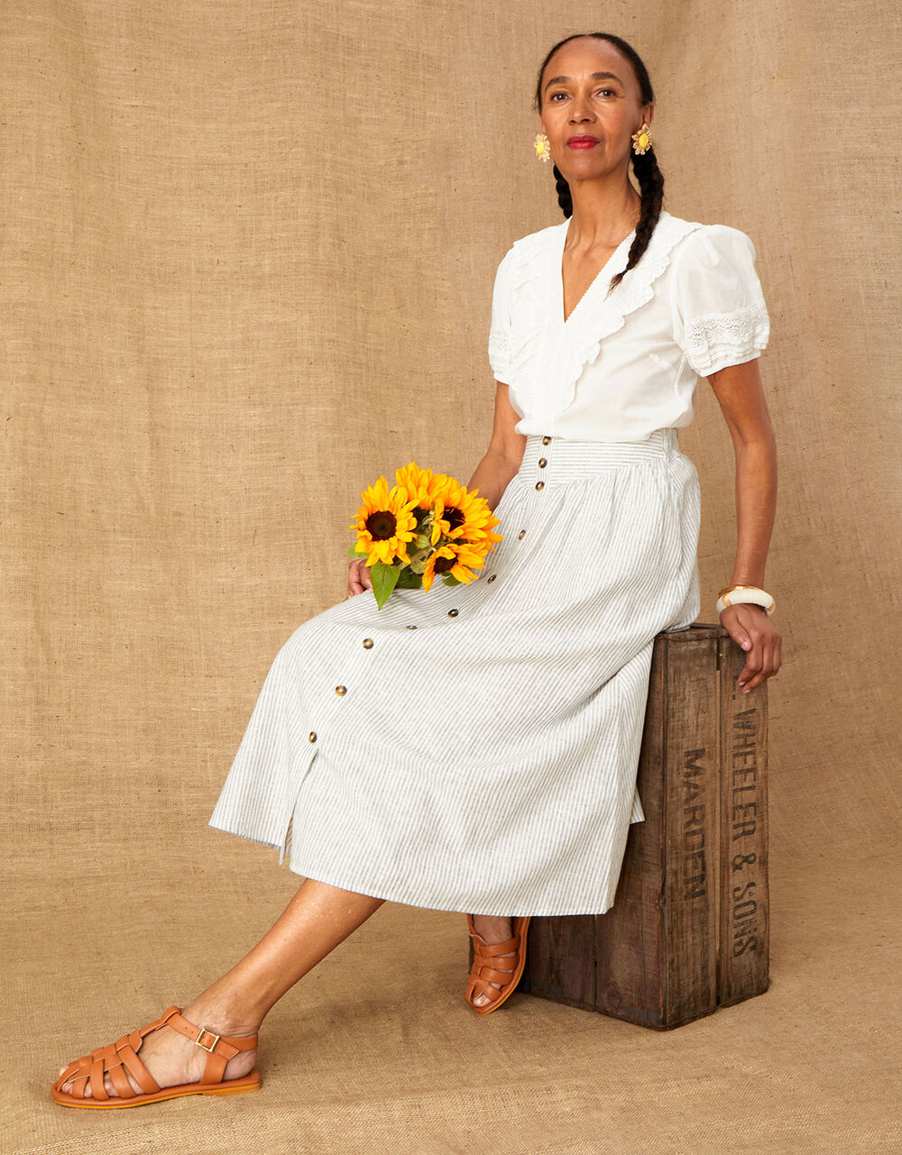 Women Women's Clothing | Fine Stripe Button Through Skirt Ivory - ZO92258