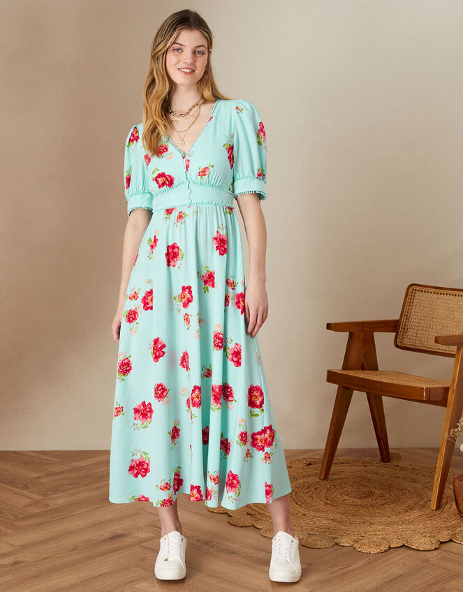 Tilly Floral Midi Dress with LENZING™ ECOVERO™ , Blue (TURQUOISE), large